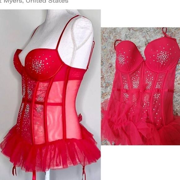 Victoria's Secret Rhinestone Red Bustier Burlesque 34D - Picture 2 of 8